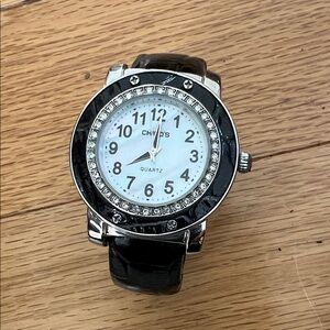 Chicos Mother of Pearl Bracelet Watch w/ Black Patent Crocodile Band w/ Silver